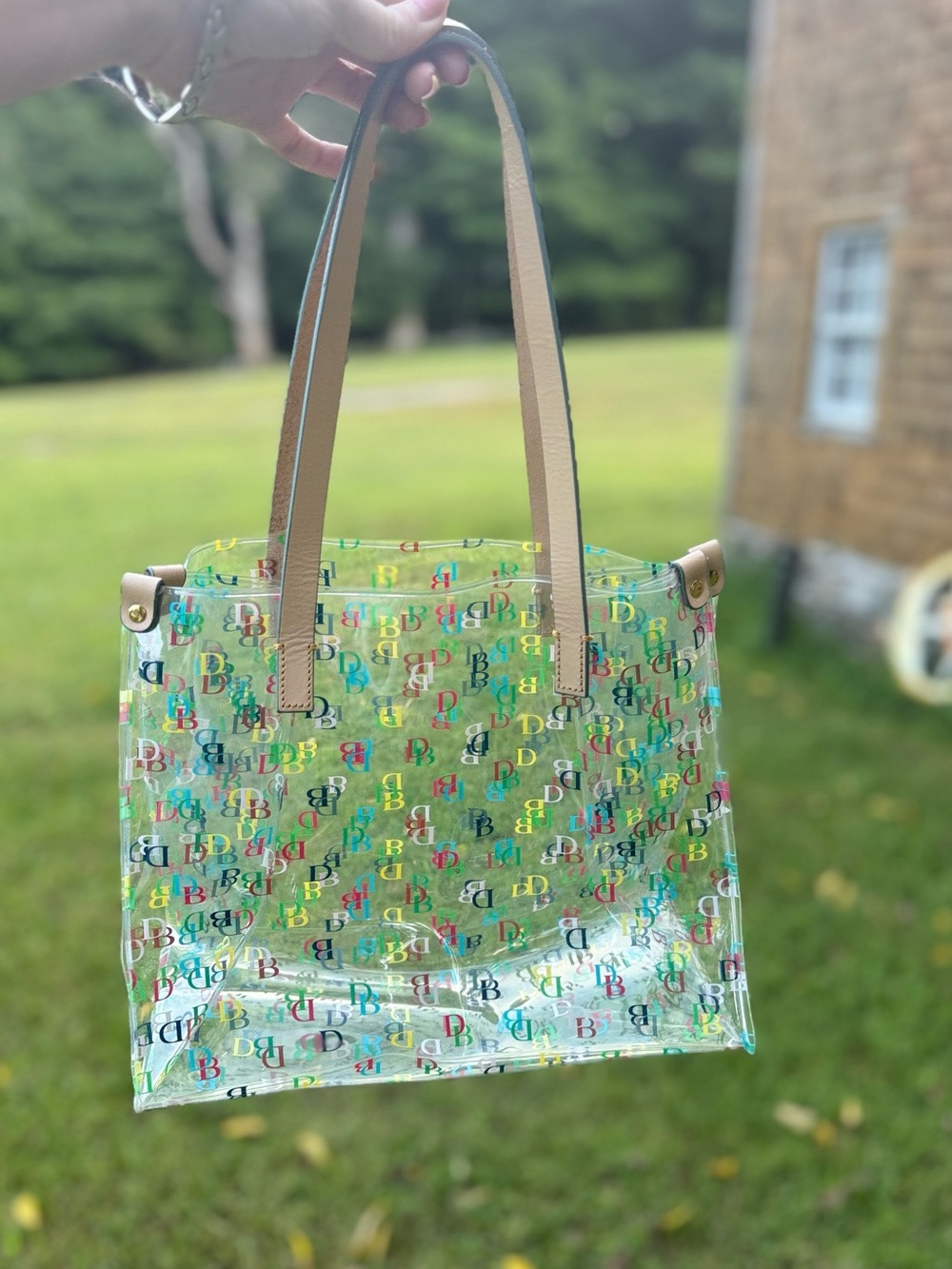 VTG Dooney & Bourke Clear Multicolor DB Monogram Tote Bag with Leather Straps